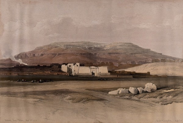 Landscape of Madînat Habû, Thebes, Egypt. Coloured lithograph by Louis Haghe after David Roberts, 1849.