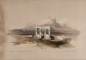 view Temple of Isis on the roof of the temple at Dendera, Egypt. Coloured lithograph by Louis Haghe after David Roberts, 1849.