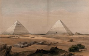 view Pyramids at Gîza, Egypt. Coloured lithograph by Louis Haghe after David Roberts, 1848.