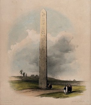 view Obelisk at Heliopolis, known in the Bible as On, Egypt. Coloured lithograph by Louis Haghe after David Roberts, 1848.