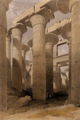 Decorated columns at Karnak, Egypt. Coloured lithograph by Louis Haghe after David Roberts, 1847.