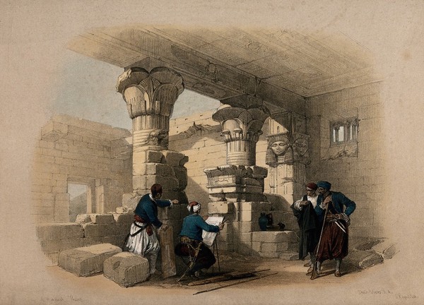 Artist in local costume sketching under the portico of Dayr-el-Medeneeh at Thebes, Egypt. Coloured lithograph by Louis Haghe after David Roberts, 1848.