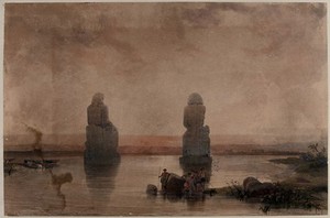 view Colossal statues of Memnon (Pharaoh Amenhotep III), seen during the flooding of the Nile, Thebes, Egypt. Coloured lithograph by Louis Haghe after David Roberts, 1849.