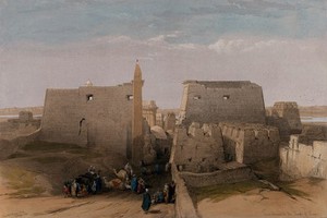 view Entrance to the temple at Luxor, Egypt. Coloured lithograph by Louis Haghe after David Roberts, 1848.