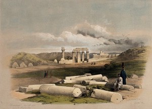 view Ruins of Erment, ancient Hermontis, Egypt. Coloured lithograph by Louis Haghe after David Roberts, 1848.