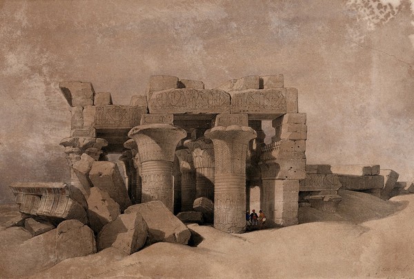 Decorated columns of the ruins at Kom Ombo, Egypt. Coloured lithograph by Louis Haghe after David Roberts, 1849.