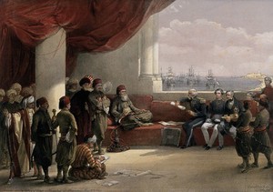 view The Viceroy of Egypt in conversation with British officials, with attendants looking on, Alexandria, Egypt. Coloured lithograph by Louis Haghe after David Roberts, 1849.