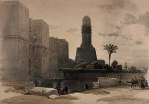 view The mosque of El Hakim and environs, Cairo. Coloured lithograph by Louis Haghe after David Roberts, 1849.