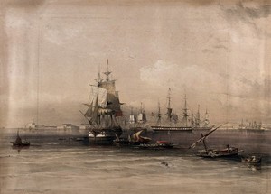 view Sailing ships and rowing boats at Alexandria, Egypt. Coloured lithograph by Louis Haghe after David Roberts, 1849.