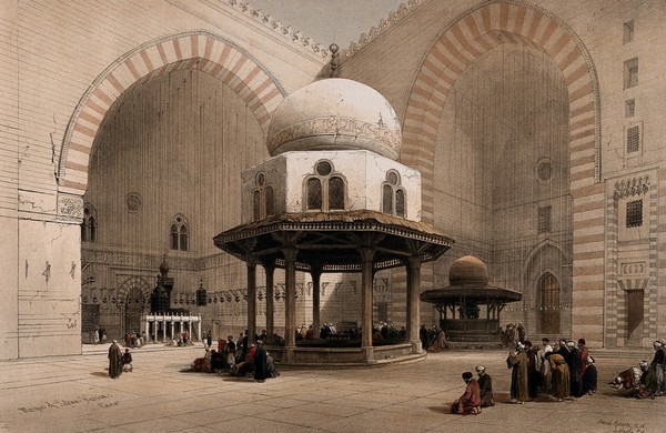 Mosque of Sultan Hassan, Cairo, Egypt: interior of the courtyard. Coloured lithograph by Louis Haghe after David Roberts, 1849.