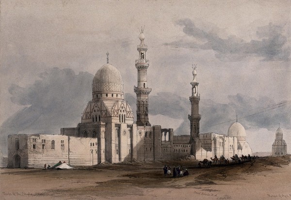 Mosque of Ayed Bey, with other tombs of the caliphs, Cairo, Egypt. Coloured lithograph by Louis Haghe after David Roberts, 1849.