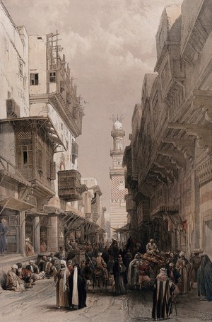 view Street scene with the El Mooristan mosque, Cairo, Egypt. Coloured lithograph by Louis Haghe after David Roberts, 1849.