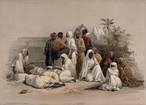 view Figures in the slave market, Cairo. Coloured lithograph by Louis Haghe after David Roberts, 1849.