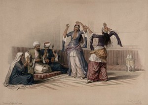 view Women dancing to musical accompaniment, Cairo, Egypt. Coloured lithograph by Louis Haghe after David Roberts, 1849.