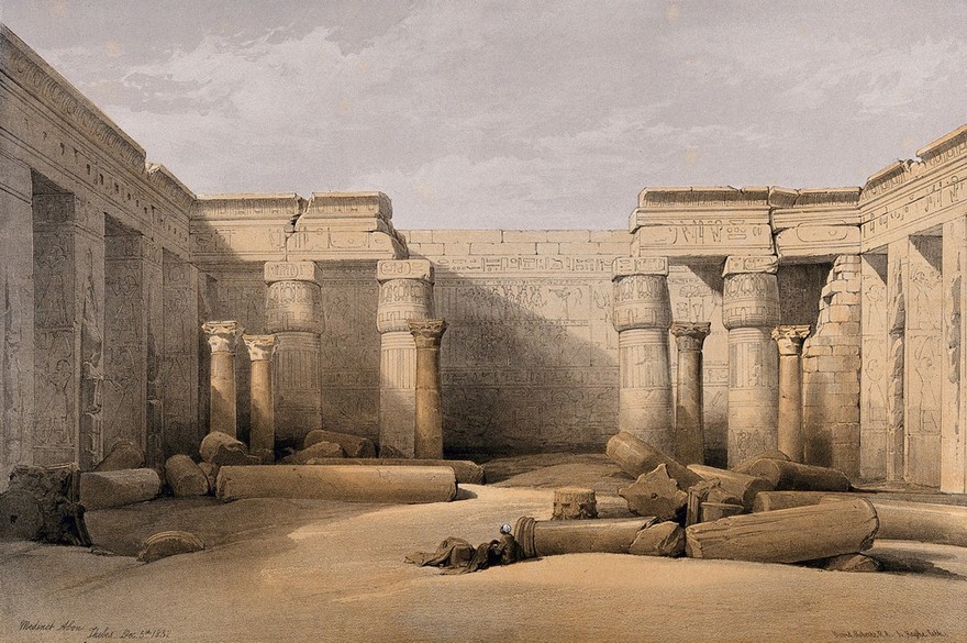 Ruins at Medinet Habu, Thebes, Egypt. Coloured lithograph by Louis Haghe after David Roberts, 1847.