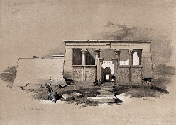 Ruined temple at Wady Dabod, Egypt. Tinted lithograph by Louis Haghe after David Roberts, 1848.