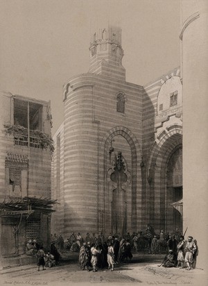 view Street scene with the gate of the Metwaleys, Cairo, Egypt. Tinted lithograph by Louis Haghe after David Roberts, 1848.