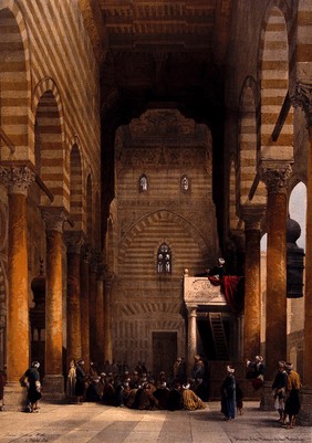Interior of the mosque of the Metwaleys, with congregation, Cairo, Egypt. Coloured lithograph by Louis Haghe after David Roberts, 1849.