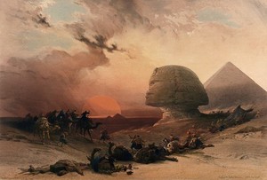 view Sandstorm approaching the sphinx at Gîza at sunset, Egypt. Coloured lithograph by Louis Haghe after David Roberts, 1849.