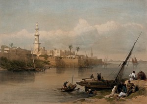 view The ferry to Gîza across the Nile, Egypt. Coloured lithograph by Louis Haghe after David Roberts, 1849.