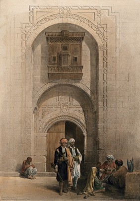 Doorway to an Arabian mansion, with men smoking outside, Cairo, Egypt. Coloured lithograph by Louis Haghe after David Roberts, 1849.