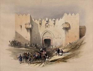 view People outside the Damascus gate, Jerusalem. Coloured lithograph by Louis Haghe after David Roberts, 1842.