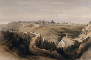 view The city of Jerusalem viewed from the Mount of Olives. Coloured lithograph by Louis Haghe after David Roberts, 1842.