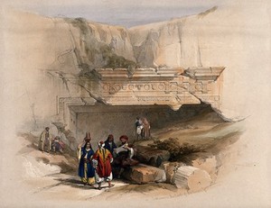 view Figures at the entrance of an ancient sepulchre, near Jerusalem, Israel. Coloured lithograph by Louis Haghe after David Roberts, 1842.