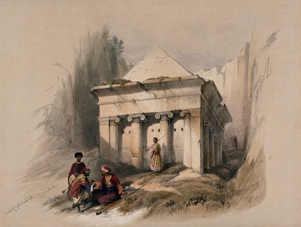 The tomb of Zechariah in the valley of Jehoshaphat, Israel. Coloured lithograph by Louis Haghe after David Roberts, 1842.