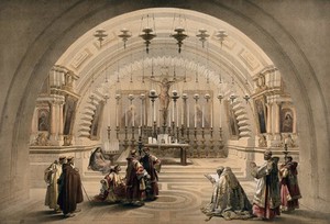 view Chapel identified as the site of Calvary in the church of the Holy Sepulchre, Jerusalem, Israel. Coloured lithograph by Louis Haghe after David Roberts, 1842.