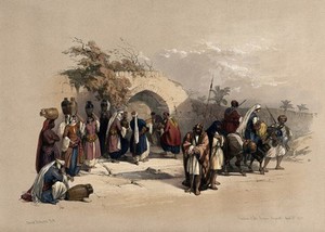 view Fountain of the Virgin, Nazareth, Israel. Coloured lithograph by Louis Haghe after David Roberts, 1842.