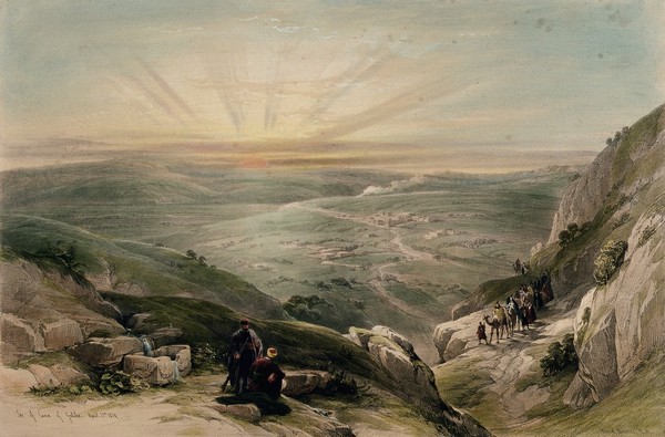 Sun setting over landscape with Cana in the distance, Israel. Coloured lithograph by Louis Haghe after David Roberts, 1842.
