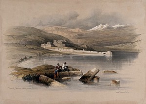 view Town of Tiberias, looking towards Lebanon, Israel. Coloured lithograph by Louis Haghe after David Roberts, 1842.