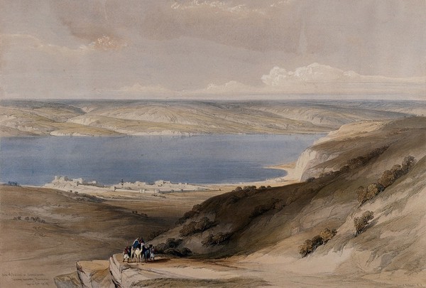 Lake Galilee, looking towards Bashan, Israel. Coloured lithograph by Louis Haghe after David Roberts, 1842.