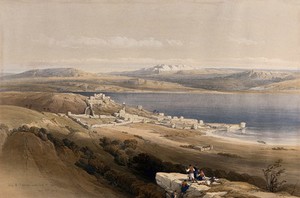 view Tiberias, with lake Galilee, Israel. Coloured lithograph by Louis Haghe after David Roberts, 1842.