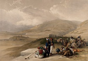 view Landscape with group of figures with camels at the site of the well of Jacob, Shechem. Coloured lithograph by Louis Haghe after David Roberts, 1842.