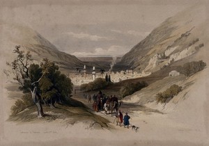 view Valley with the city of Nablus. Coloured lithograph by Louis Haghe after David Roberts, 1842.