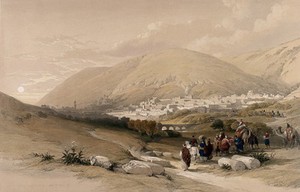 view City of Nablus, formerly known as Shechem. Coloured lithograph by Louis Haghe after David Roberts, 1842.