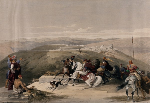 Group of horseriders on a plateau overlooking a landscape with the city of Sebaste, formely Samaria. Coloured lithograph by Louis Haghe after David Roberts, 1842.