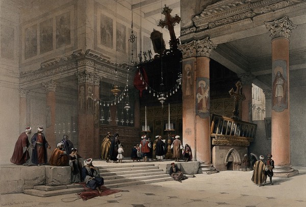 Church of the Nativity, Bethlehem: interior. Coloured lithograph by Louis Haghe after David Roberts, 1849.