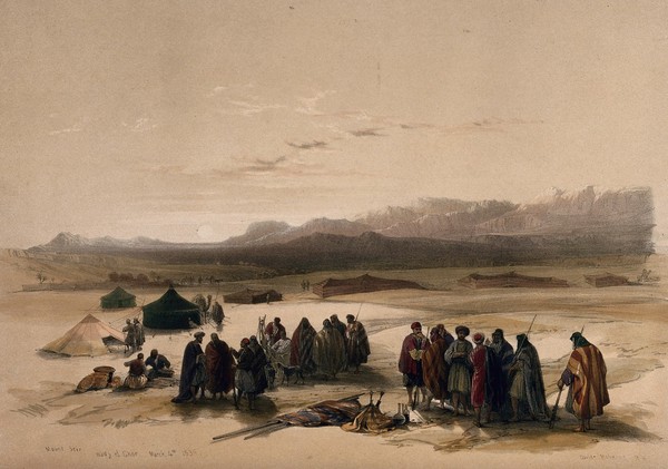 Encampment in the desert, with Mount Seir in the distance, Wady Arabah. Coloured lithograph by Louis Haghe after David Roberts, 1849.