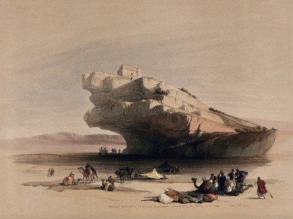 Ancient rock-cut watch-tower overlooking the valleys of El Ghor and Akabah. Coloured lithograph by Louis Haghe after David Roberts, 1849.