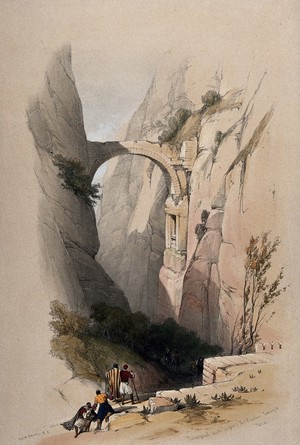 view Arch crossing a ravine near El Sik. Coloured lithograph by Louis Haghe after David Roberts, 1849.