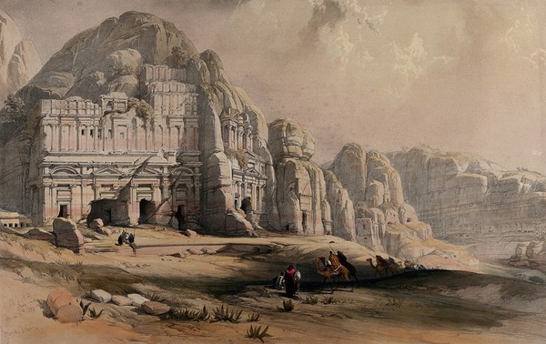 Petra: rock-cut buildings. Coloured lithograph by Louis Haghe after David Roberts, 1849.