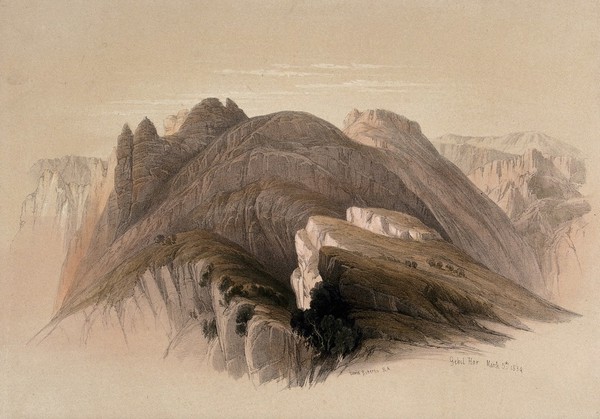 Mount Hor, seen from the cliffs near Petra. Coloured lithograph by Louis Haghe after David Roberts, 1849.