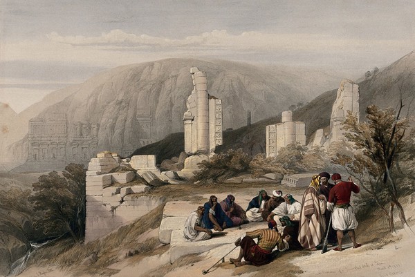 Group of figures talking near the ruins of an arch at Petra. Coloured lithograph by Louis Haghe after David Roberts, 1849.