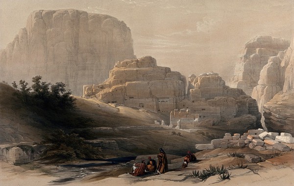 Petra: the central part, showing the remains of Kusr Faron. Coloured lithograph by Louis Haghe after David Roberts, 1849.