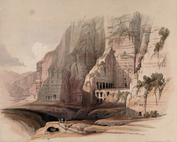 Excavations at the eastern end of the valley, Petra. Coloured lithograph by Louis Haghe after David Roberts, 1849.