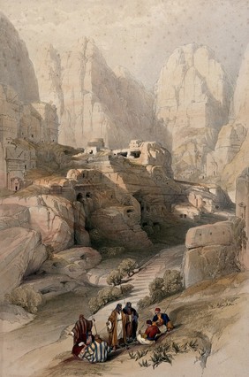 Ravine at the eastern entrance to Petra. Coloured lithograph by Louis Haghe after David Roberts, 1849.