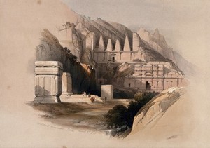 view Ancient cemetery at Petra. Coloured lithograph by Louis Haghe after David Roberts, 1849.